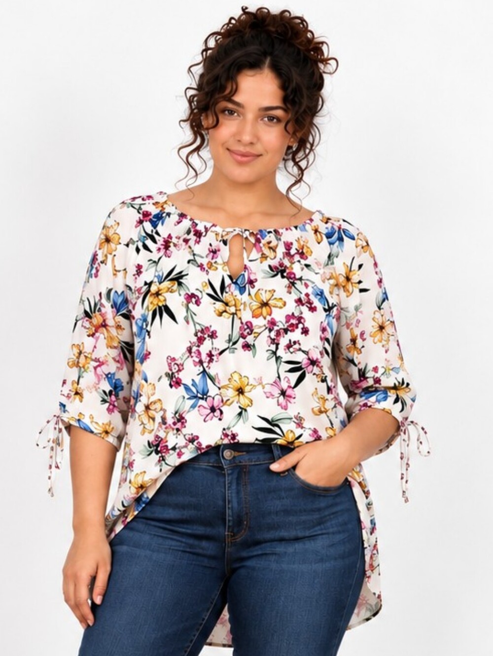 Floral Peasant Tunic Blouse L XL Boho Chic Cottagecore Tie Sleeve Top